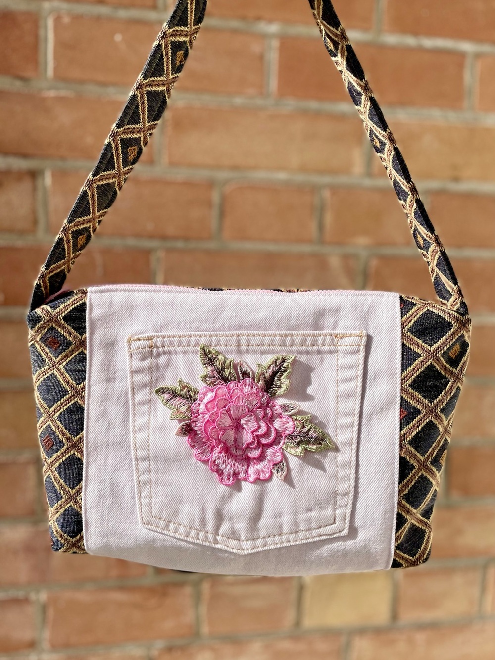 Pink Floral Embroidered Shoulder Bag